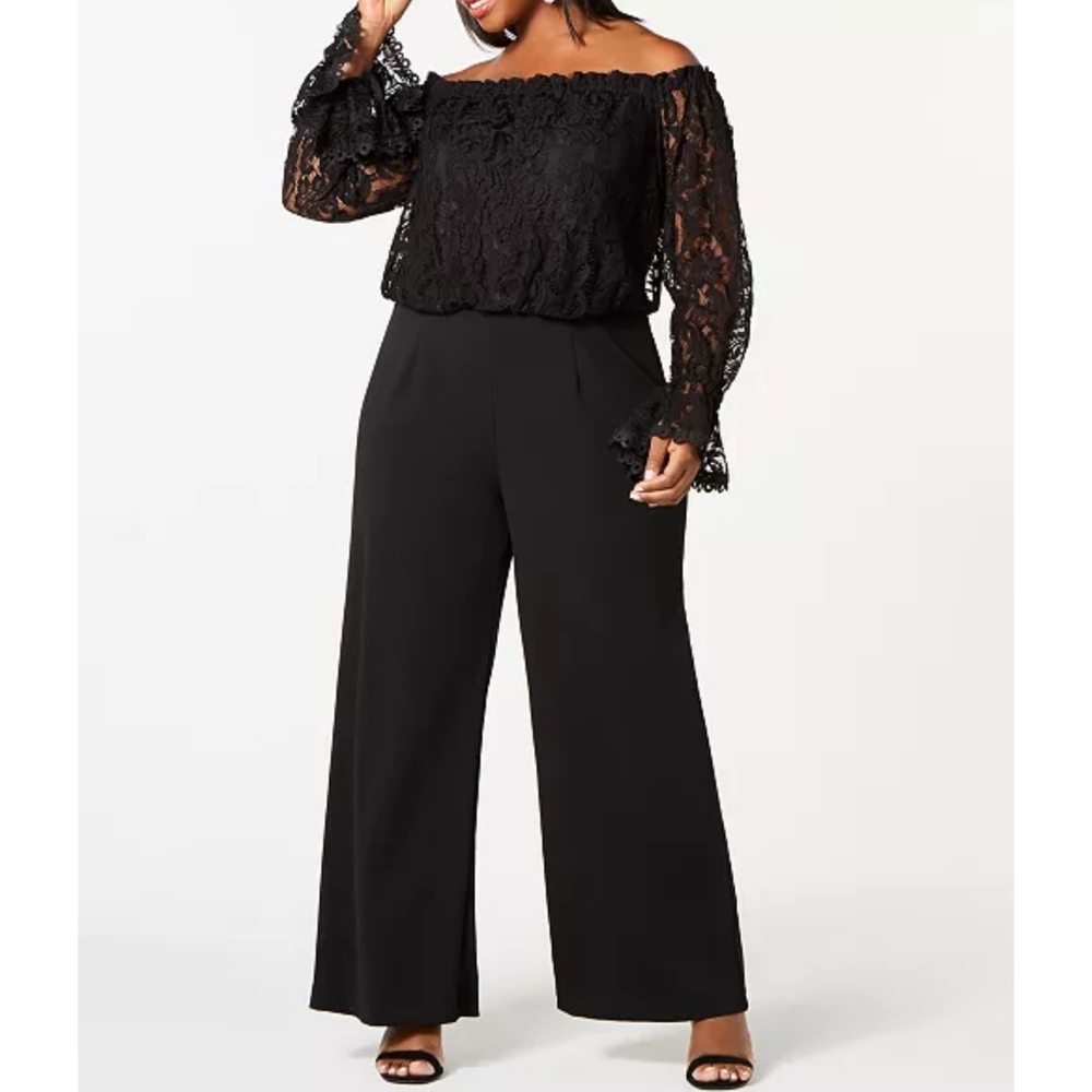 Adrianna Papell Off-The-Shoulder Lace Jumpsuit | Size 14 | Black